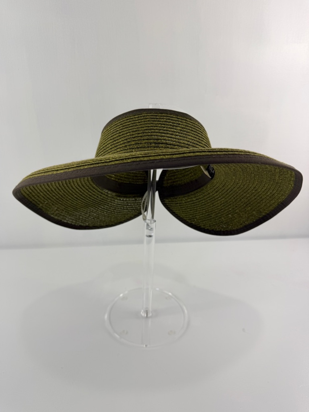 HBY Miami Olive Green Brown Trim Wide-Brim Straw‎ Adjustable Visor Hat One Size